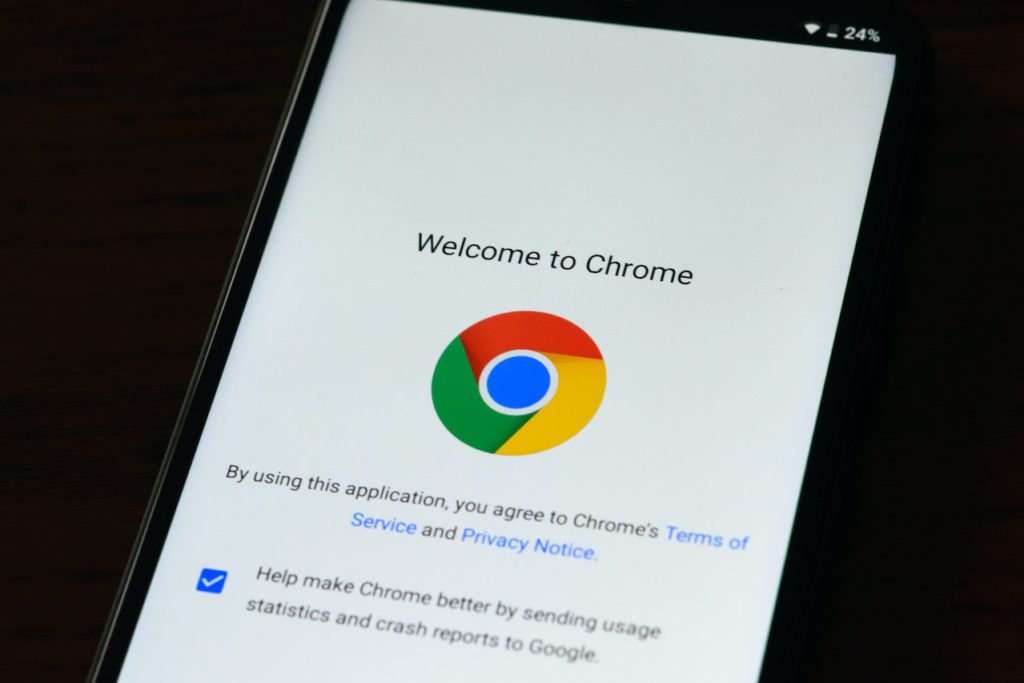 smartphone showing a 'welcome to chrome' screen, prompting agreement to chrome's terms of service and privacy notice - transparency is key